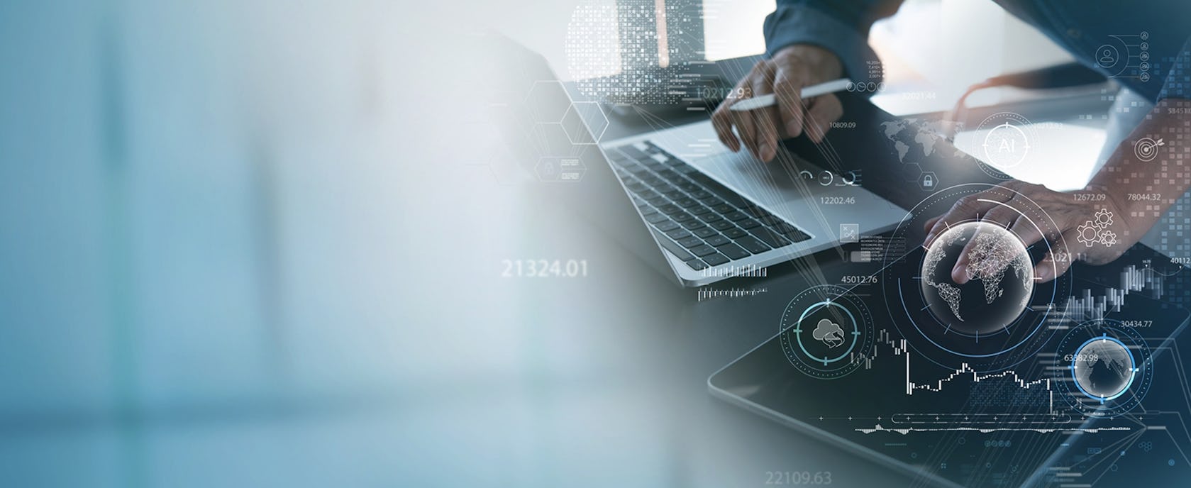 picture of a man's hand working on a laptop with graphics coming out of it that show connectivity between data for measurement and analysis