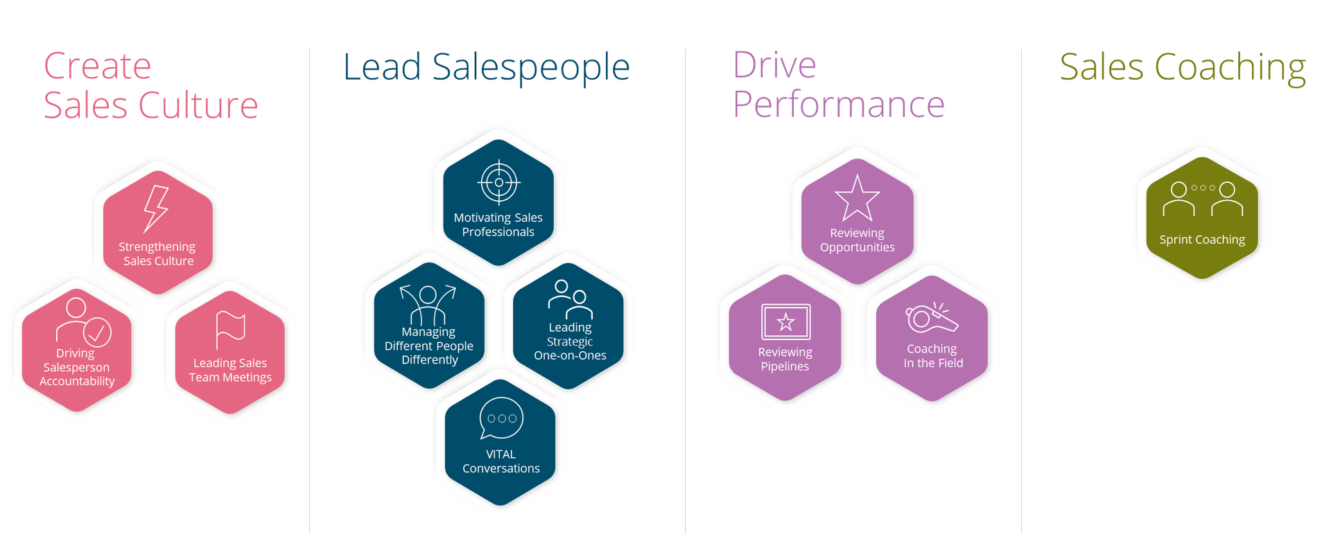 salegrid showing the training content that makes up Richardson's sales management curriculum. The categories include content focused on building sales culture, leading sales people, driving performance, and coaching.s-management-curriculum.png